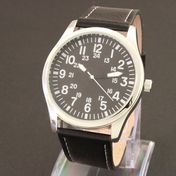 Men's Quartz Field Watch Silver Case Black Leather Strap 42mm - Picture 4 of 12